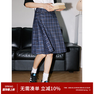 RPB BRAND格子高腰修身中长款百褶半身裙显瘦学院风高腰A字裙伞裙