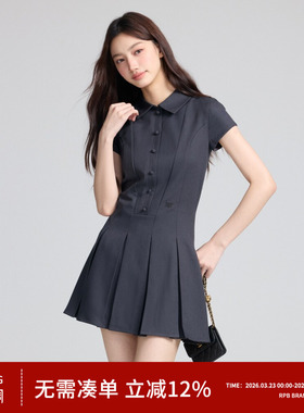 RPB BRAND 学院风polo领时尚显瘦收腰百褶连衣裙a字裙短袖衬衫裙