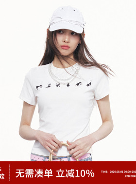 RPB BRAND卡通小猫短袖T恤女珍珠项链装饰修身显瘦短款上衣T恤
