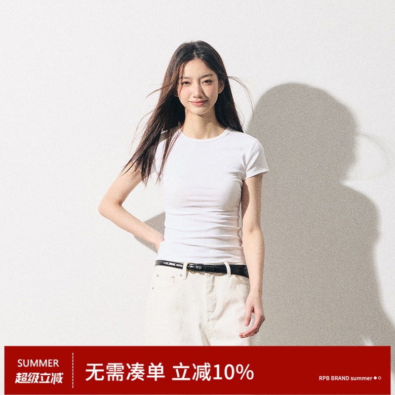 RPB BRAND简约时尚质感通勤显瘦有弹正肩修身收腰基础短袖T恤上衣图片