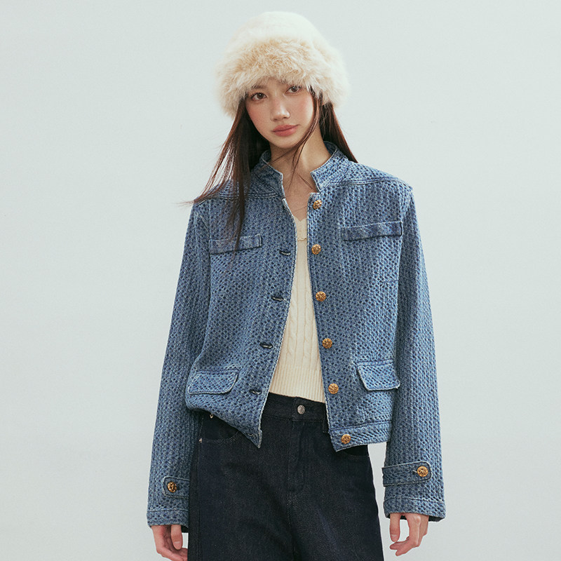 RPB BRAND 肌理感牛仔外套女小香风立领短款复古单排扣夹克上衣图片