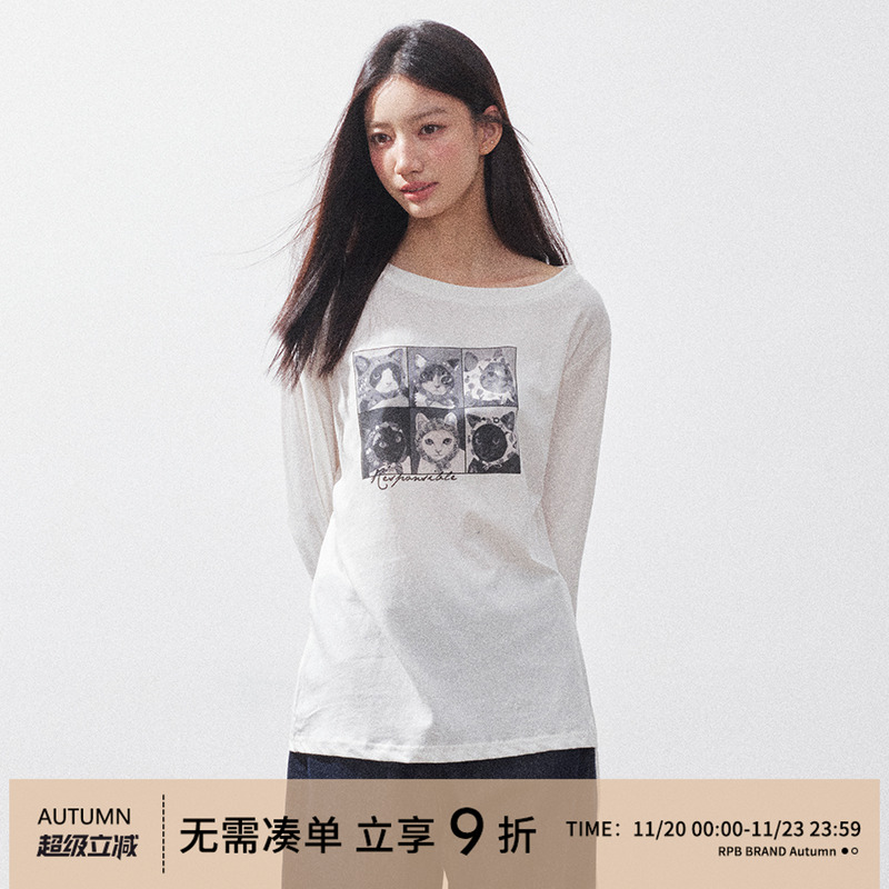 RPB BRAND棉麻斜肩显瘦猫咪复古宽领口长袖宽松显瘦百搭上衣罩衫