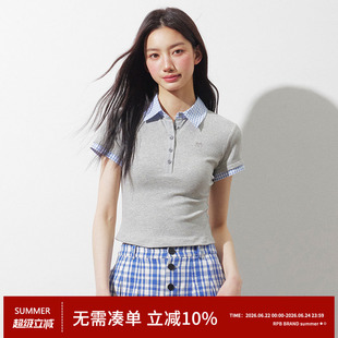 RPB BRAND 简约百搭格子POLO领拼接短袖T恤女修身显瘦百搭上衣