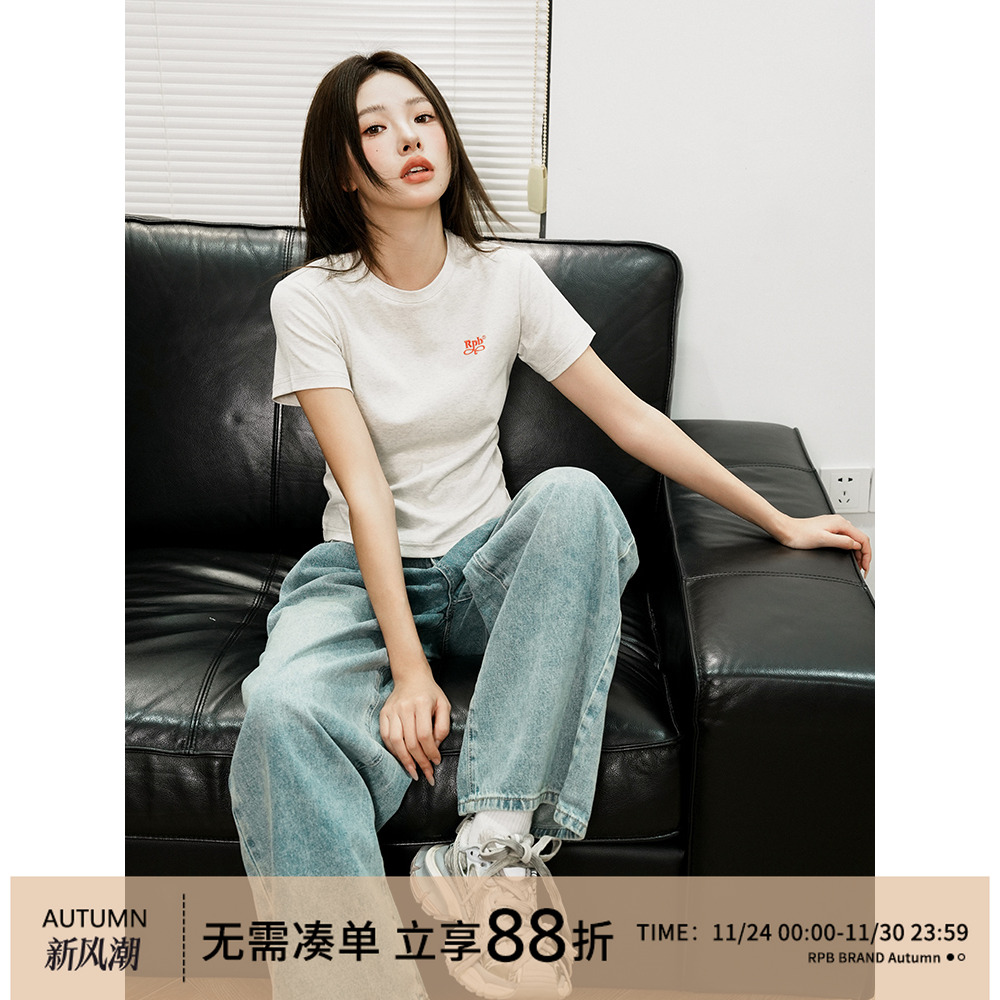 RPB BRAND基础正肩袖修身刺绣logo打底短袖简约百搭短款上衣T恤夏