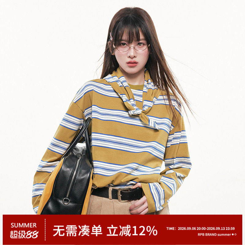 RPB BRAND 复古风条纹长袖圆领T恤松弛感短款蝴蝶结领带上衣图片
