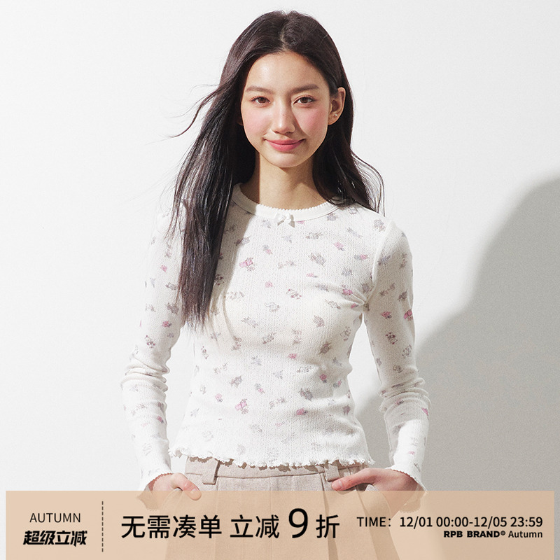 RPB BRAND 甜辣风蝴蝶结满印碎花长袖修身显瘦短款T恤打底衫上衣