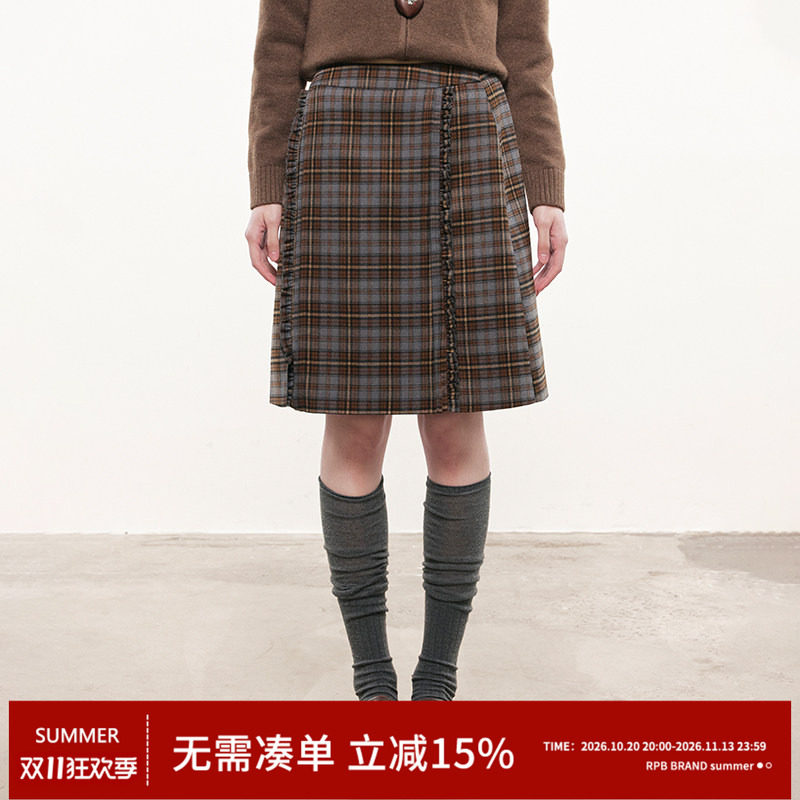 RPB BRAND 秋冬百搭复古格纹半身裙女学院风中长款A字五分裙