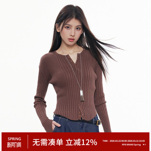 BRAND 显瘦打底衫 修身 女长袖 上衣 坑条V领纽扣半开襟针织开衫 RPB