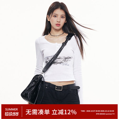 RPB BRAND美式复古华夫格半开襟连帽长袖T恤女修身显瘦辣妹风上衣