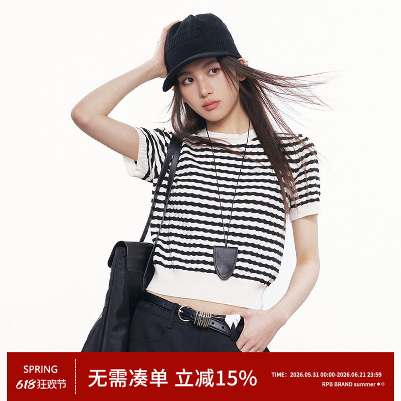 RPB BRAND 韩系条纹圆领羊毛针织短袖女撞色短款休闲显瘦上衣T恤