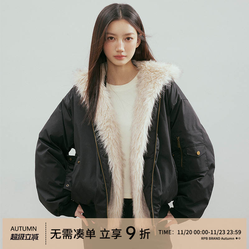 RPB BRAND 座山雕连帽毛领棉服女款冬季小个子加厚保暖棉衣棉袄