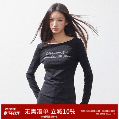 RPB BRAND莱赛尔亲肤一字肩美式复古字母休闲百搭时尚长袖T恤上衣