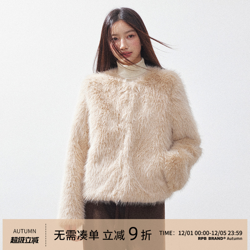 RPB BRAND 时髦复古环保皮草皮毛一体圆领短款毛毛冬季外套