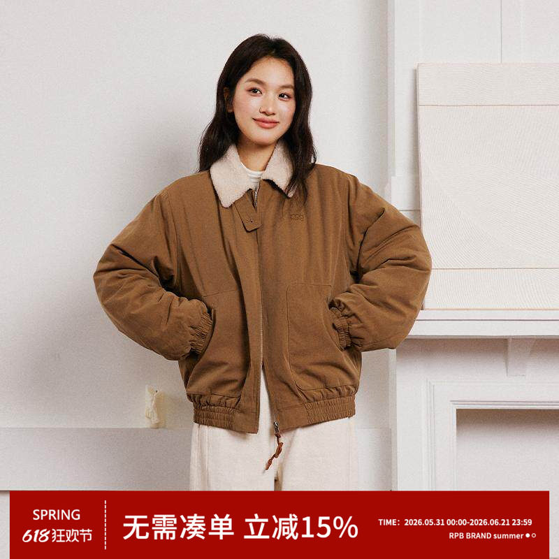 RPB BRAND复古翻领羊羔绒短款外套女冬季新款加厚保暖夹克棉服