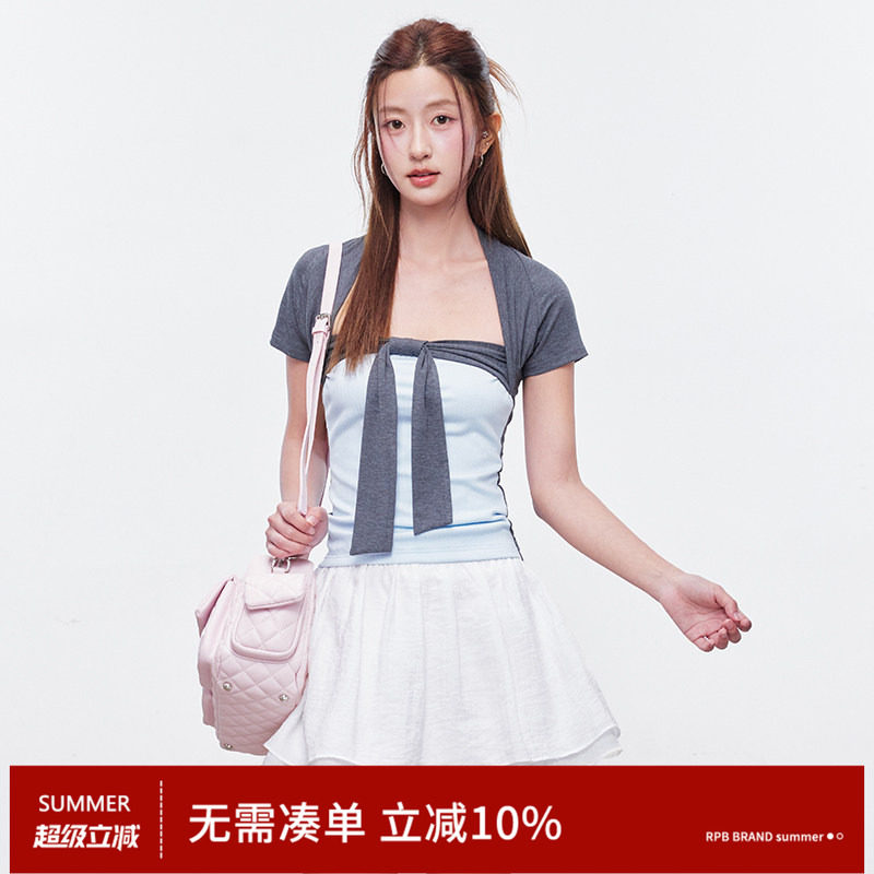 RPB BRAND假两件设计感绑带蝴蝶结抹胸挂脖短袖修身显瘦韩系上衣图片