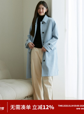 RPB BRAND厚实蓝色束带呢子大衣女秋冬新款高级感中长款百搭外套