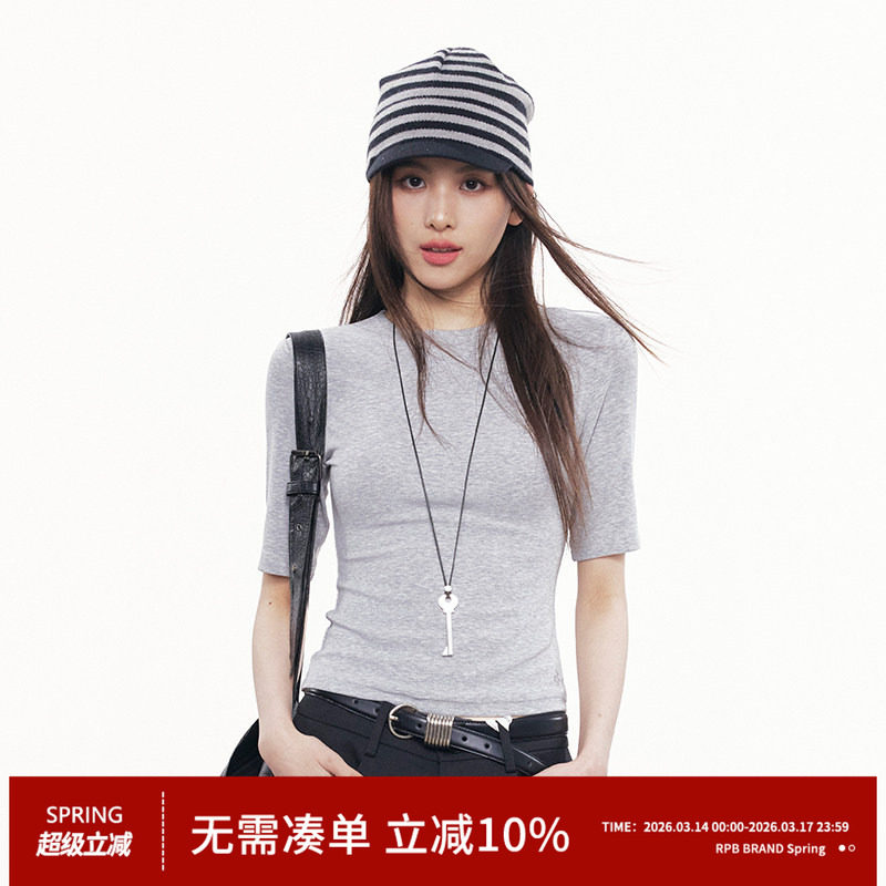 RPB BRAND韩系简约高级圆领修身百搭显瘦正肩五分袖短款上衣T恤