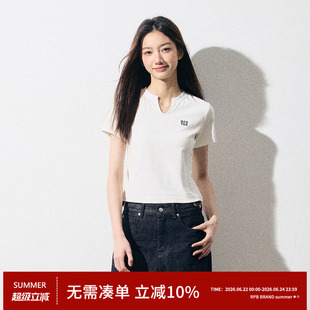 RPB BRAND潮牌纯色设计感V领修身短袖T恤女新款收腰正肩小上衣