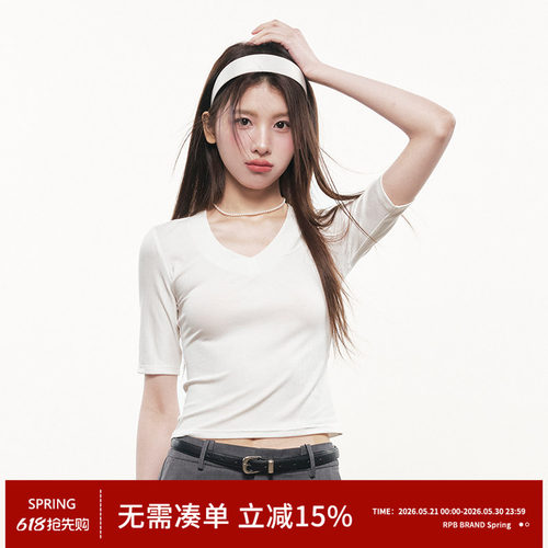 RPB BRAND显瘦深V领莱赛尔短袖T恤女修身显瘦纯色五分袖正肩上衣