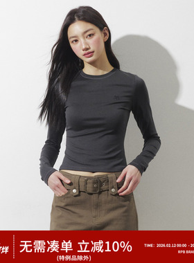 RPB BRAND亲肤细腻爽感显瘦辣妹风修身短款正肩圆领长袖t恤女上衣