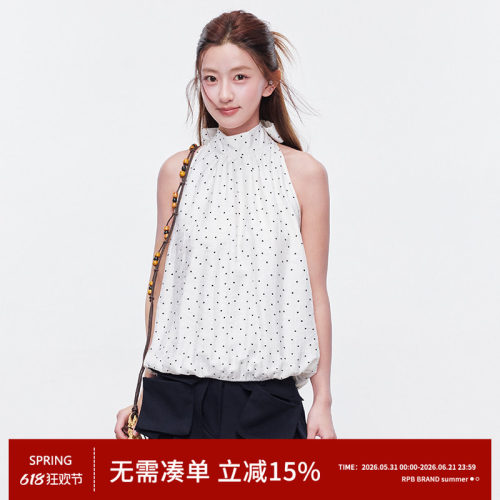 RPB BRAND 法式度假风波点格纹挂脖背心女无袖系带收腰上衣小衫