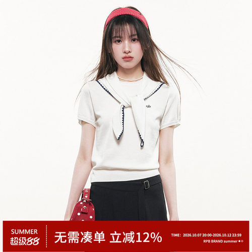 RPB BRAND 白色海军领短袖针织衫女学院风合身显瘦蝴蝶结领带上衣