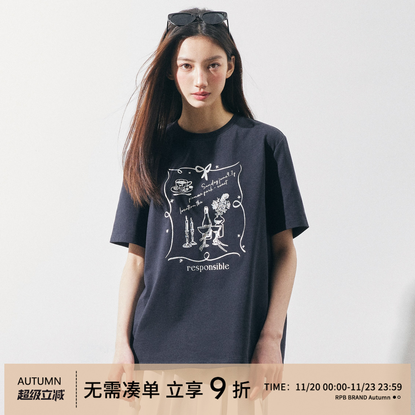 RPB BRAND全棉宽松情侣款复古印花圆领短袖T恤女休闲百搭上衣