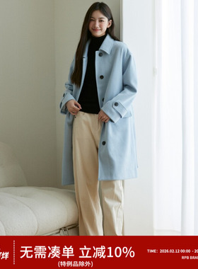 RPB BRAND厚实蓝色束带呢子大衣女秋冬新款高级感中长款百搭外套