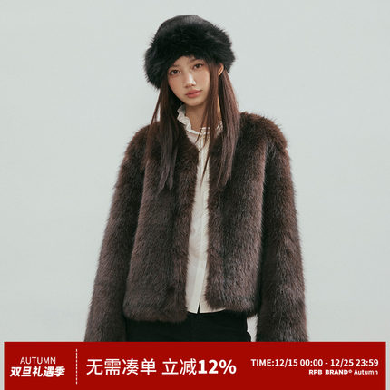 RPB BRAND加厚版圆领短款仿狐狸毛环保皮草棉服保暖外套女上衣