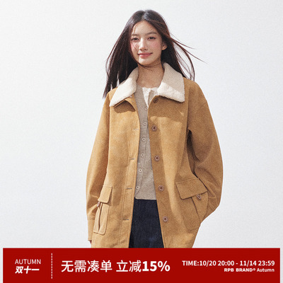 RPB BRAND 美式复古巴恩风毛领翻领夹克外套宽松中长款风衣大衣