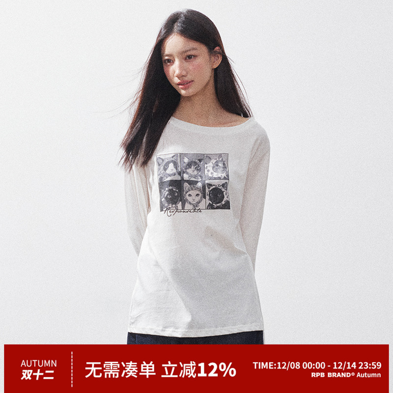 RPB BRAND棉麻斜肩显瘦猫咪复古宽领口长袖宽松显瘦百搭上衣罩衫