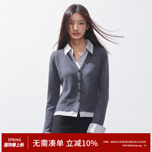 RPB BRAND V领假两件针织衬衫开衫女收腰时尚内搭学院风显瘦上衣