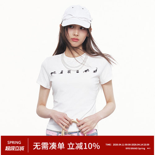 RPB BRAND卡通小猫短袖T恤女珍珠项链装饰修身显瘦短款上衣T恤