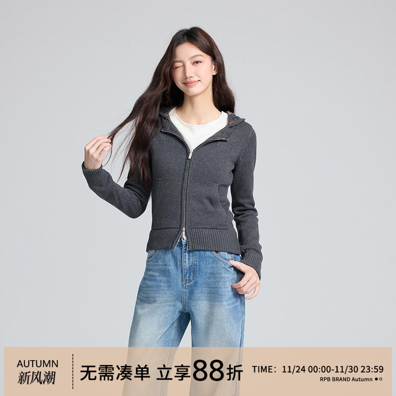 RPB BRAND拼接格纹连帽针织开衫女修身显瘦短款毛衣外套上衣