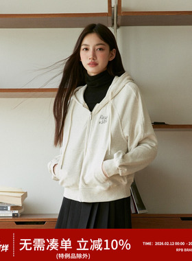 RPB BRAND新款简约刺绣连帽卫衣女修身短款拉链抽绳开衫帽衫外套