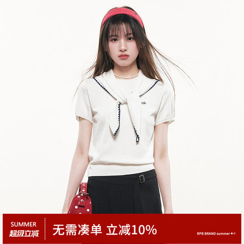 RPB BRAND 白色海军领短袖针织衫女学院风合身显瘦蝴蝶结领带上衣