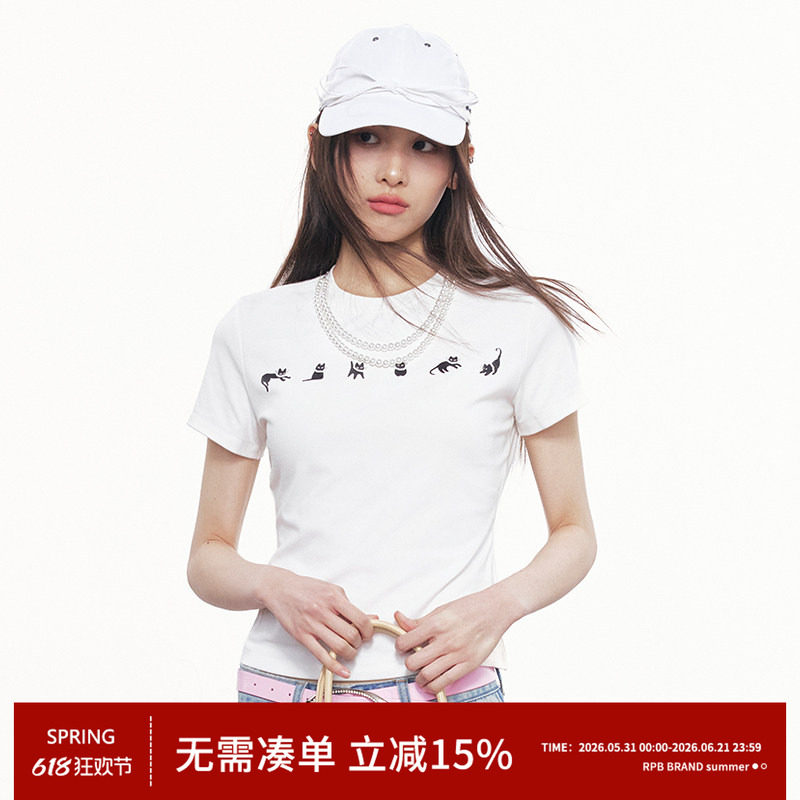 RPB BRAND卡通小猫短袖T恤女珍珠项链装饰修身显瘦短款上衣T恤