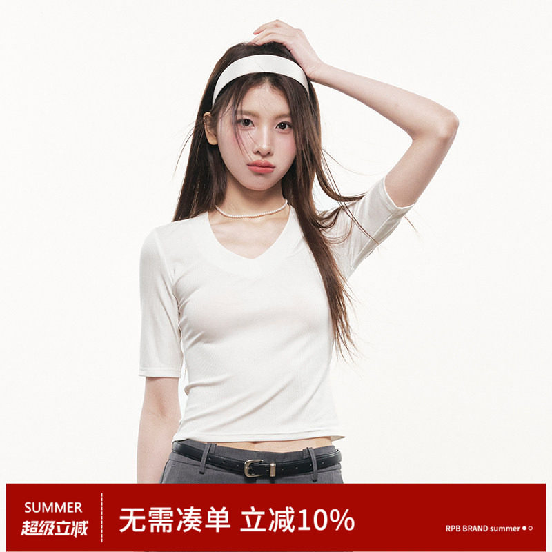 RPB BRAND显瘦深V领莱赛尔短袖T恤女修身显瘦纯色五分袖正肩上衣