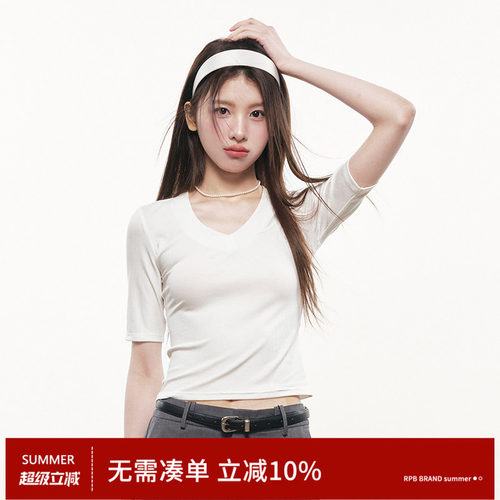 RPB BRAND显瘦深V领莱赛尔短袖T恤女修身显瘦纯色五分袖正肩上衣