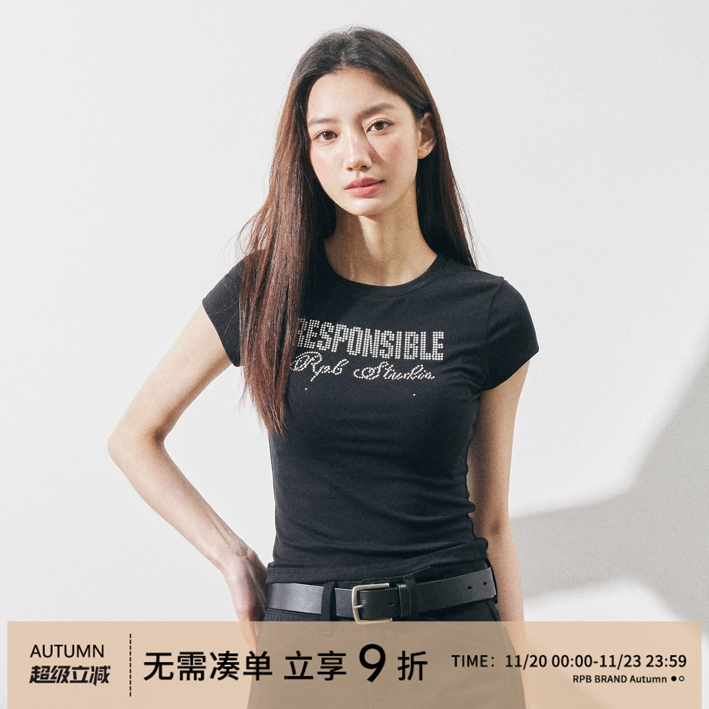 RPB BRAND美式复古烫钻圆领短袖T恤女修身辣妹短款显瘦打底衫上衣