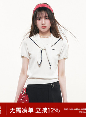 RPB BRAND 白色海军领短袖针织衫女学院风合身显瘦蝴蝶结领带上衣