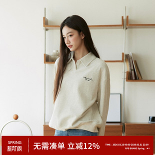 卫衣POLO衫 复古纯色v领翻领套头长袖 宽松休闲上衣女 BRAND美式 RPB