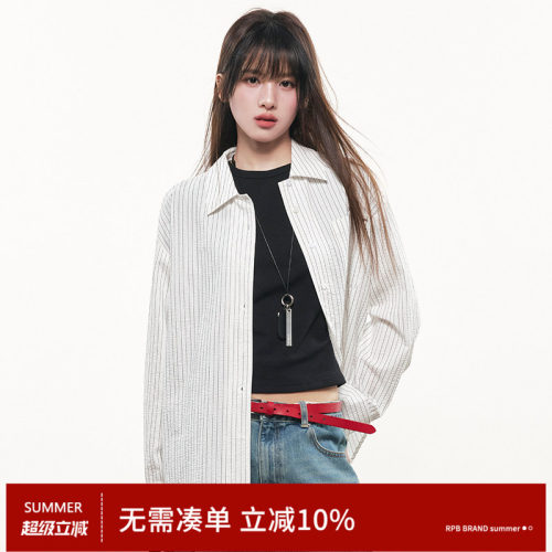 RPB BRAND韩式休闲泡泡棉透气条纹衬衫宽松翻领长袖简约百搭上衣