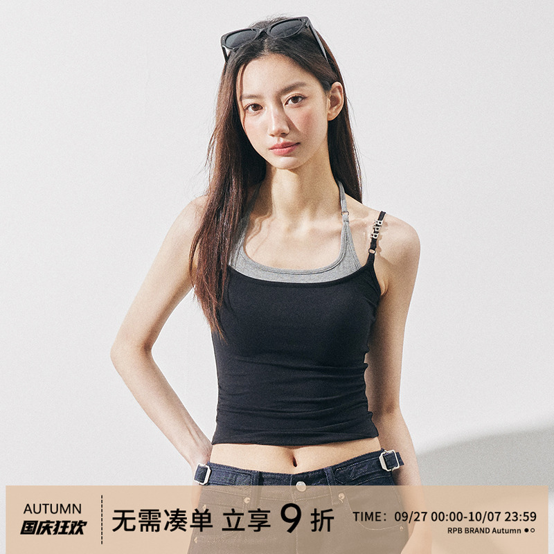 RPB BRAND撞色假两件挂脖吊带背心女外穿修身辣妹百搭内搭上衣夏