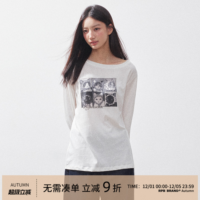 RPB BRAND棉麻斜肩显瘦猫咪复古宽领口长袖宽松显瘦百搭上衣罩衫