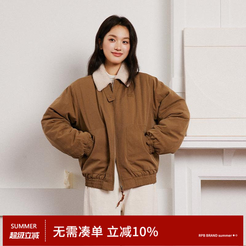 RPB BRAND复古翻领羊羔绒短款外套女冬季新款加厚保暖夹克棉服