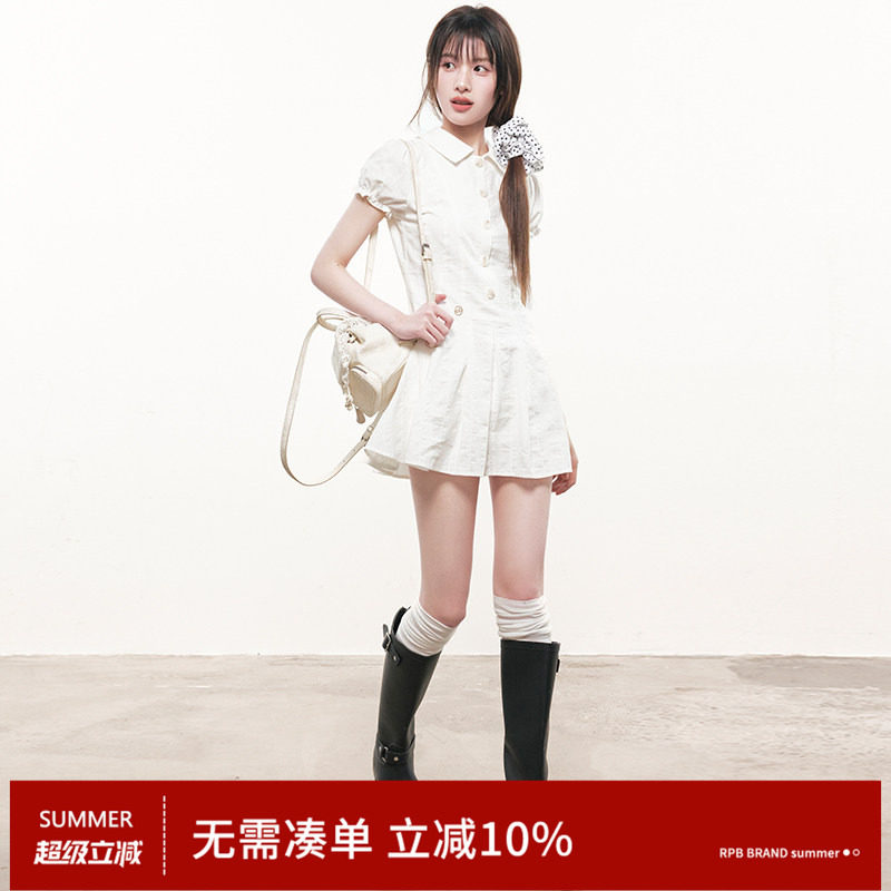 RPB BRAND泡泡袖纯棉衬衫连衣裙清新学院风收腰显瘦甜美半身短裙 - 实物图
