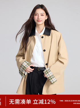 RPB BRAND巴恩风撞色格纹拼接中长款风衣外套高级宽松设计感大衣
