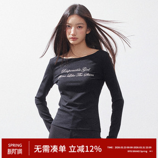 长袖 复古字母休闲百搭时尚 T恤上衣 BRAND莱赛尔亲肤一字肩美式 RPB