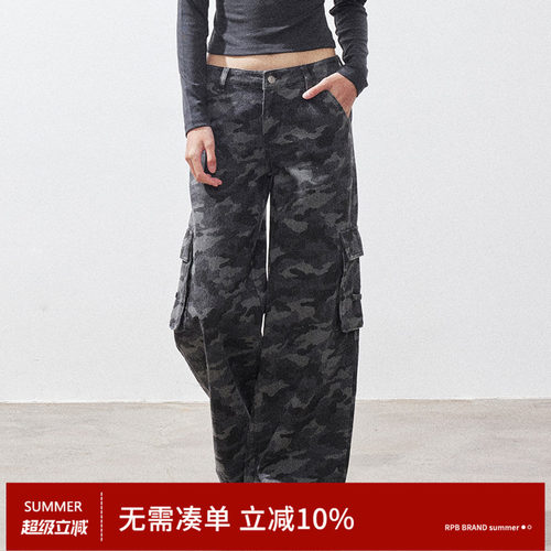 RPB BRAND美式复古迷彩纯棉低腰工装裤女宽松直筒阔腿休闲长裤